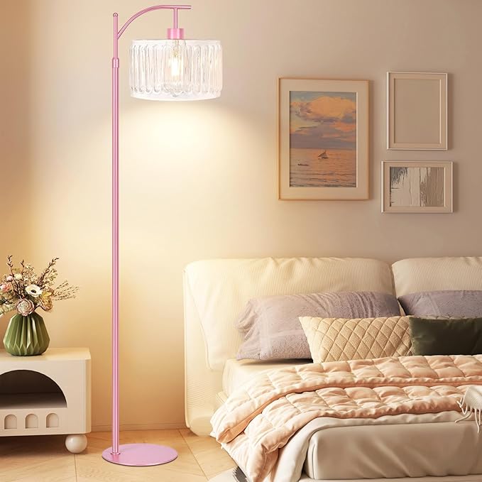 QIYIZM Pink Floor Lamp for Living Room,Bedroom,Gold Dimmable Standing Lamp with Remote,Mid Century Modern Brass Tall Lamp Boho Floor Lamps Arc Stained Glass Flower Floor Light Lamp Girls kids Bohemian
