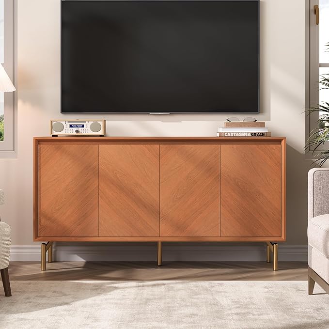 JOINICE Storage Cabinet, 59" Sideboard Buffet Cabinet with 4 Doors, Mid-Century Modern Wood Accent Cabinet, Chevron Pattern Credenza for Dining Room, Living Room, Entryway, Brown