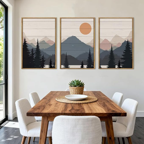 Anyzal Large Boho Mountain Framed Wall Art 16x24 Inch Abstract Lake Landscape Canvas Wall Decor Modern Forest Sunrise Artwork for Bedroom Living Room Office Set of 3