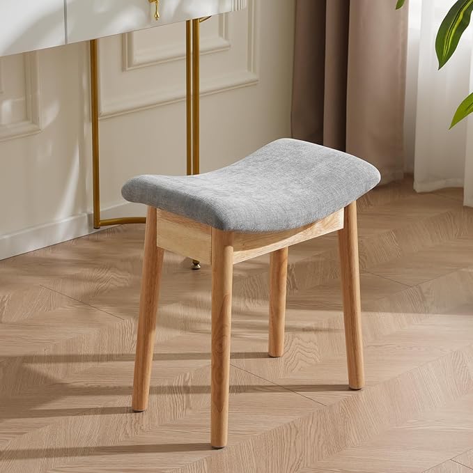 Square Linen Makeup Stool Small Ottoman Stool Chair for Vanity, Modern Padded Seat Foot Rest for Makeup Room, Bathroom (Classic-LightGray)
