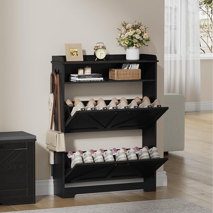 Shoe Cabinet Organizer with 2 Flip Drawers, Farmhouse Narrow Shoe Cabinet with 2 Adjustable Shelves & 2 Hooks, Shoe cabinet storage for entryway, Foyer, Hallway, Black, 31.5"W x 8.7"D x 41.7"H