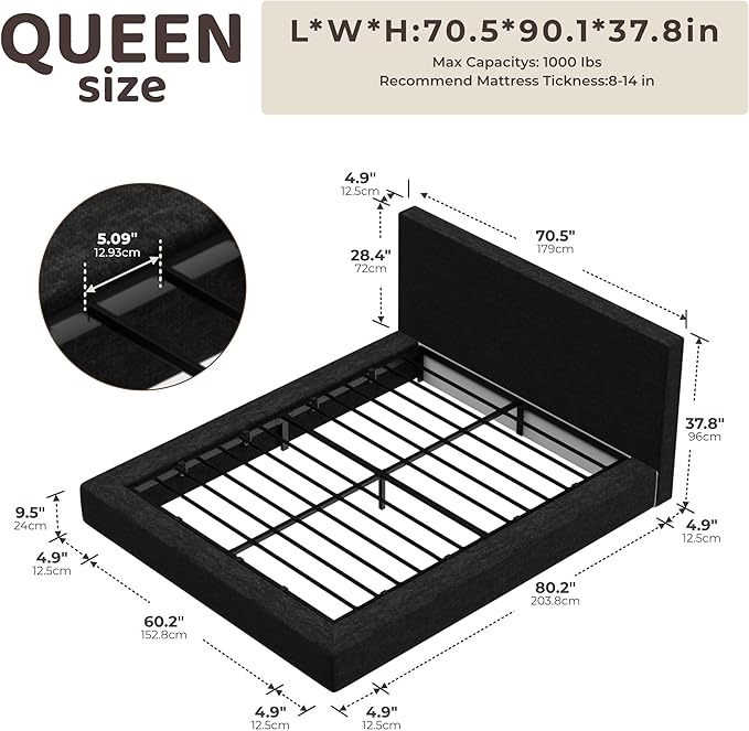 RECCI AirFrame Queen Bed Frame with Headboard, Cloud Upholstered Platform Bed Frame, 5 Inch Foam Cushioned, No Box Spring, Easy Assembly(Onyx Black)