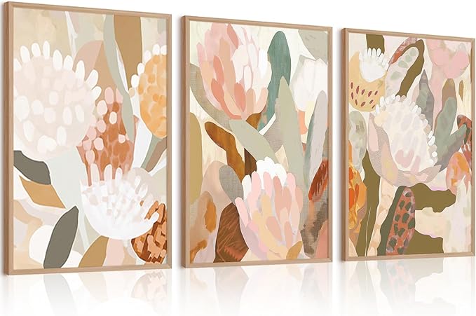 Abstract Flower Wall Art Boho Floral Wall Decor Modern Botanical Canvas Prints Neutral Banksia Flower Pictures Minimalist Floral Poster Painting for Bedroom Living Room 16x24 Inch Unframed Set of 3