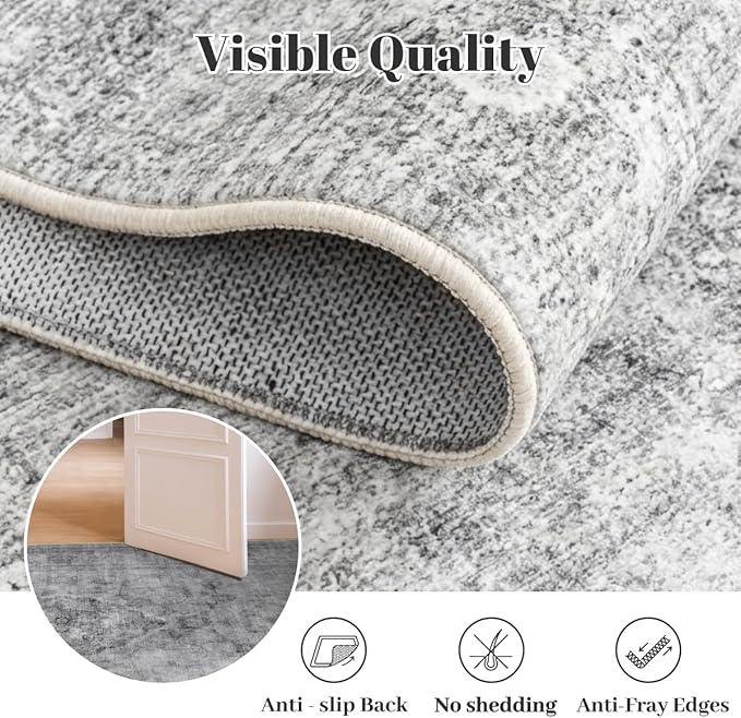 Homemate Washable Rug 2x6 Area Rugs - Vintage Faux Wool Rugs for Living Room Bedroom Dining Room - Non Slip Foldable Carpet Indoor Area Rug for Home Decor（2'x6', Grey