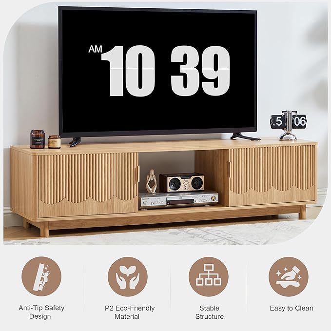 FurSch 62.2” Mid Century Modern Fluted TV Stand, Low Profile TV Stand with Storage, Curved Media Console for Bedroom Living Room (Natural)