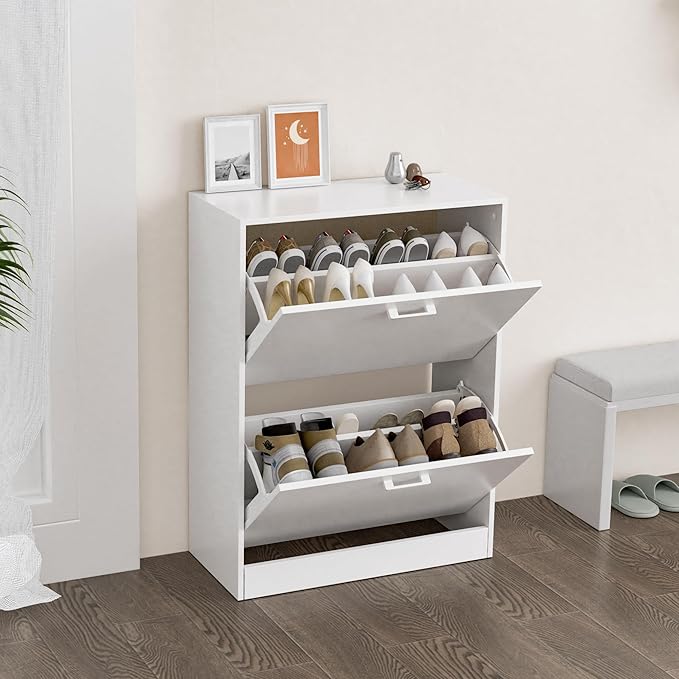 Shoe Cabinet with 2 Flip Drawers, Narrow Freestanding Shoe Organizer for Entryway,Hallway, Living Room, White