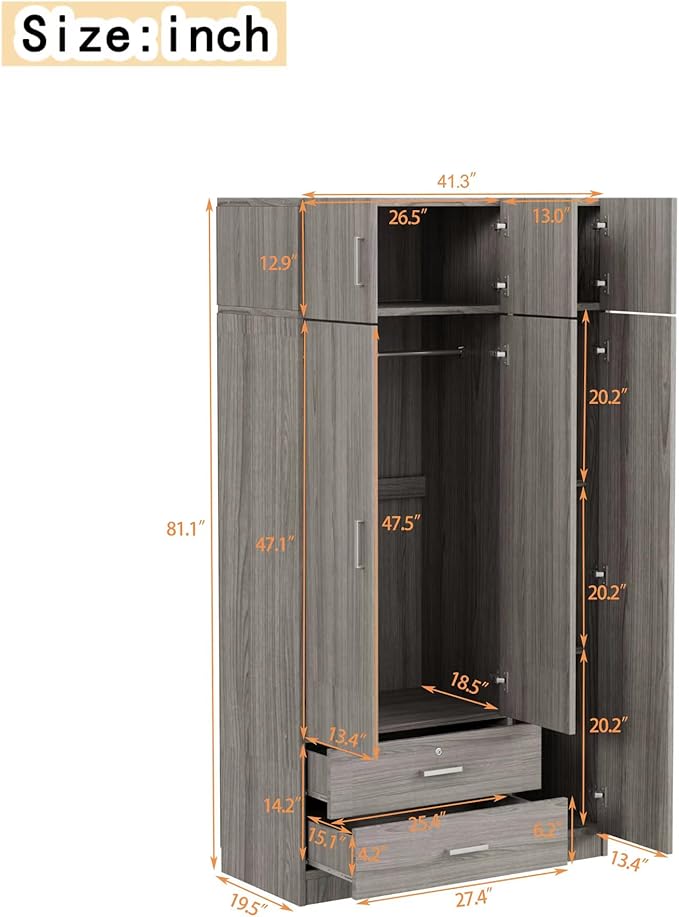 Mirror 3 Doors Closet Wardrobe with 2 Drawers and Top Cabinet, Modern Wooden Armoire Wardrobe Closet with Hanging Rod for Bedroom, Freestanding Bedroom Closet, Clothes Storage Organizer (Gray)