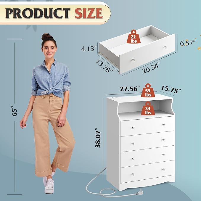 WLIVE White LED Dresser for Bedroom, Tall Wood Dresser with 4 Drawers and Open Shelf, Chest of Drawers with Power Outlet for Living Room, Hallway, Closet