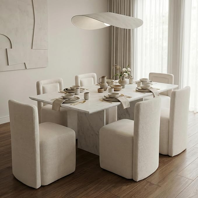 Hyfirm Upholstered Dining Chairs No Assembly, Set of 6 Modern Parsons Armless Kitchen Chairs with Padded Seat Cushion, Ready-to-Use White Linen Accent Side Chair for Diningroom Living Room Bedroom