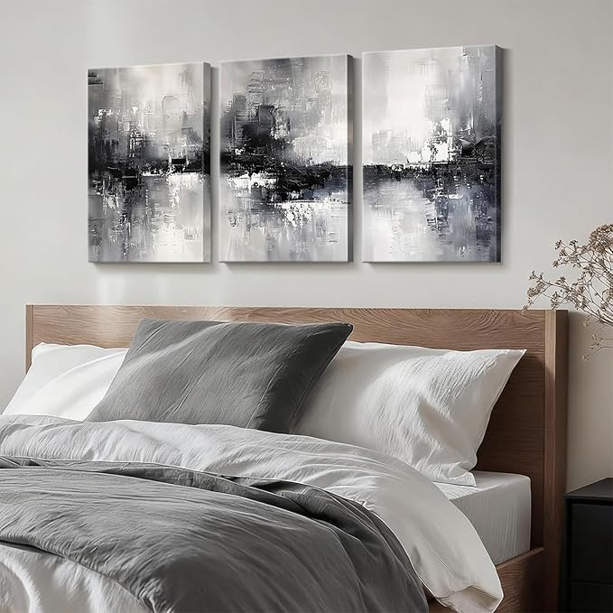Dytila 3 Piece Large Black And White Abstract Canvas Wall Art for Living Room, Black And Grey Wall Decor, Modern Minimalist Art Print Pictures, Home Artwork - Dining Room Office Framed 12x16 Inch