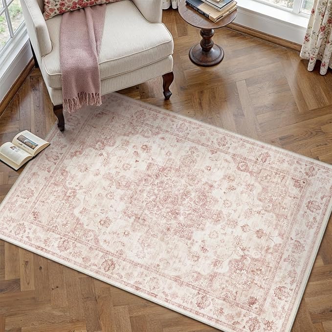 4x5 Washable Neutral Area Rug Pink Vintage Entryway Office Carpet Non-Slip Soft Low Pile Farmhouse Indoor Throw Rug for Living Room Bathroom Dining Room