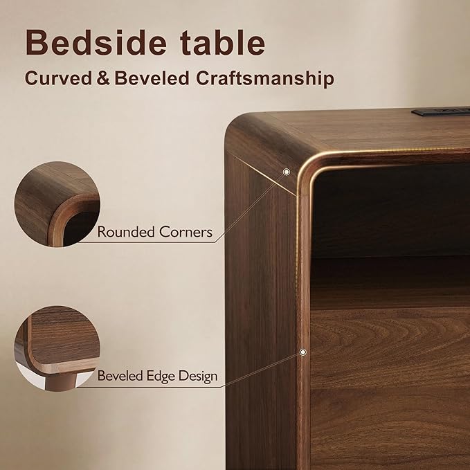 Nasonet Mid Century Modern Nightstand with Charging Station, Wood Bedroom End Tables Set of 2 Nightstands with Drawers, Curved Bedside Table for Living Room, Bedroom, Walnut