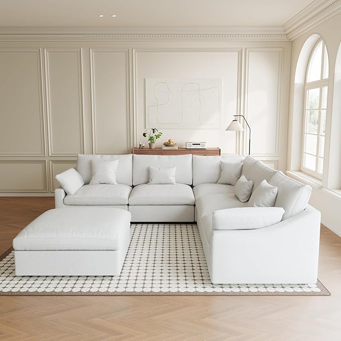 Modular Sectional Sofa Cloud Couch, Oversized 5 Seater Sofa with Ottomans, Extra Large V Shaped Deep Seat Couches for Living Room, Sofa Covers Washable&Removable, White