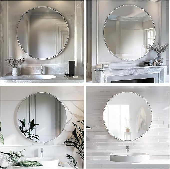 Sunniry Silver Round Mirror 26 inch, Silver Circle Mirror with Aluminum Frame, Circle Wall Mirrors for Bathroom, Living Room, Hallway, Bedroom.