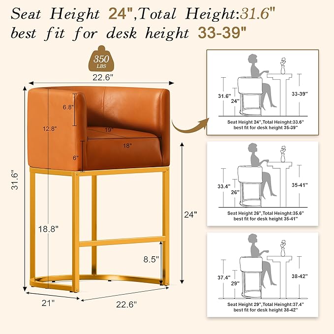 Modern Counter Height Bar Stools,Bar Stools Set of 3,PU Leather Upholstered Barrel Barstools with Backs,24'' Kitchen Island Chairs,Metal Gold Frames,Camel Brown Leather