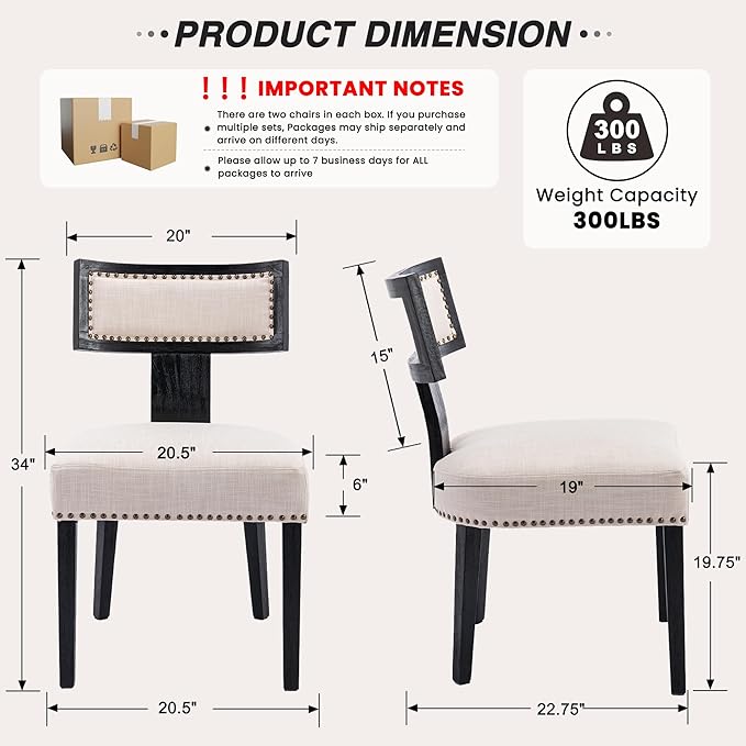 HNY Mid Century Modern Dining Chairs Set of 6, Farmhouse Linen Fabric Upholstered Accent Chairs Curved Nailhead Trim Backrest Kitchen Chairs, with Black Hardwood Frame, Beige