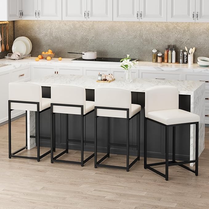 GarveeHome Bar Stools Set of 4, Modern Counter Height Bar Stools with Back and Footrest, Faux Leather Upholstered Barstools Chairs for Kitchen Island Dining Room Bar, White