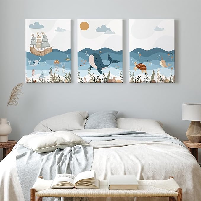 Ocean Nursery Wall Art Pictures Blue Nautical Canvas Art Beach Animal Wall Decor Baby Boys Room Wall Art Sea Whale Prints Ocean Nautical Poster for Nursery Baby Room 12x16 Inch Set of 3 Framed