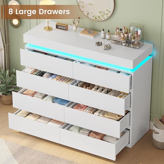 HAUOMS 8 Drawer Dresser with LED Light, White Modern Chest of Drawers for Bedroom,Closet Dressers with Drawers for Living Room, Entryway, Hallway