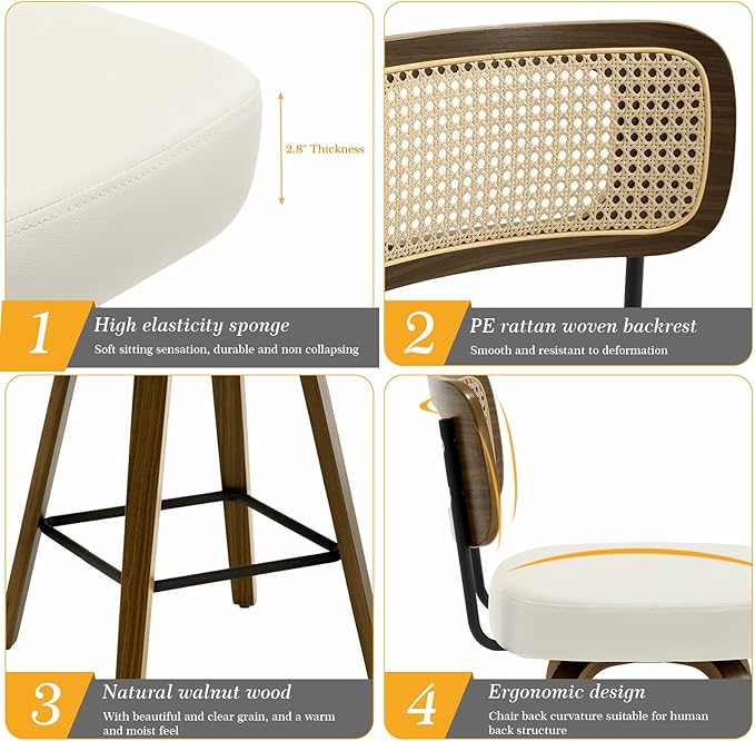 Bekrvio Swivel Counter Height Bar Stools Set of 4, Upholstered Faux Leather Barstools with Rattan Back, 26" Seat Height Bar Chairs for Kitchen Island, Bentwood Wood Frame, Cream White