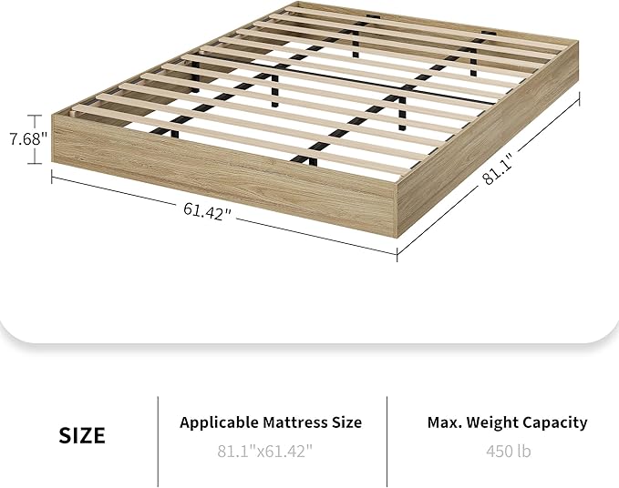 Queen Bed Frame, Wood Platform Bed with Sturdy Wooden Slats, Floor-Standing Bed Frame, Modern Minimalist Design, No Box Spring Needed, Easy Assembly