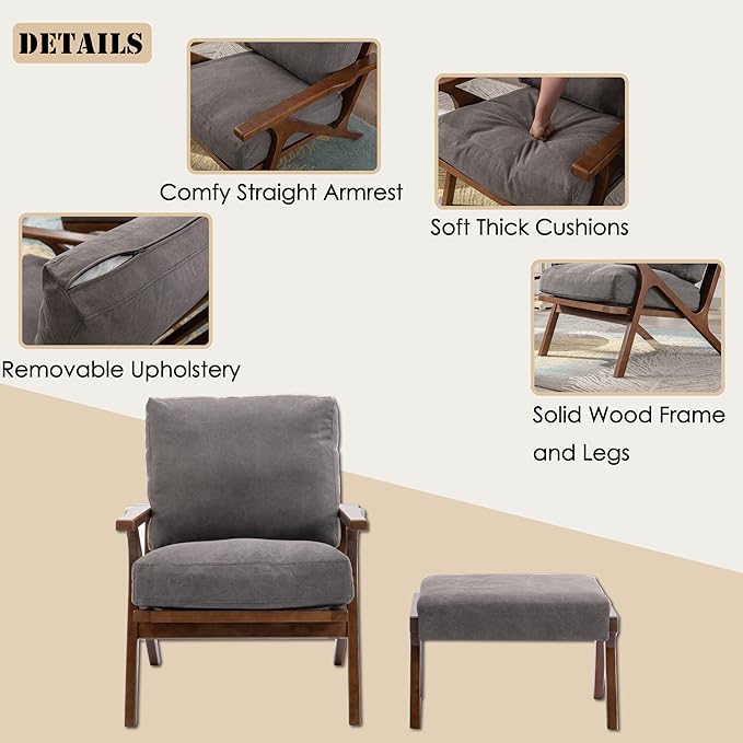 chairus Mid-Century Modern Accent Chair with Ottoman, Comfy Upholstered Lounge Armchair with Removable Cushions & Solid Wood Frame, Reading Chair for Living Room Bedroom Office, Grey Denim Fabric