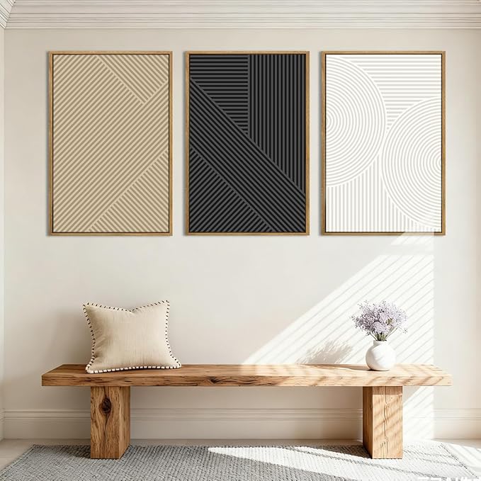 Anyzal Large Framed Black Abstract Wall Art 16x24 Inch Boho Modern Canvas Wall Decor Neutral Minimalist Line Artwork for Living Room Bedroom Dining Room Set of 3