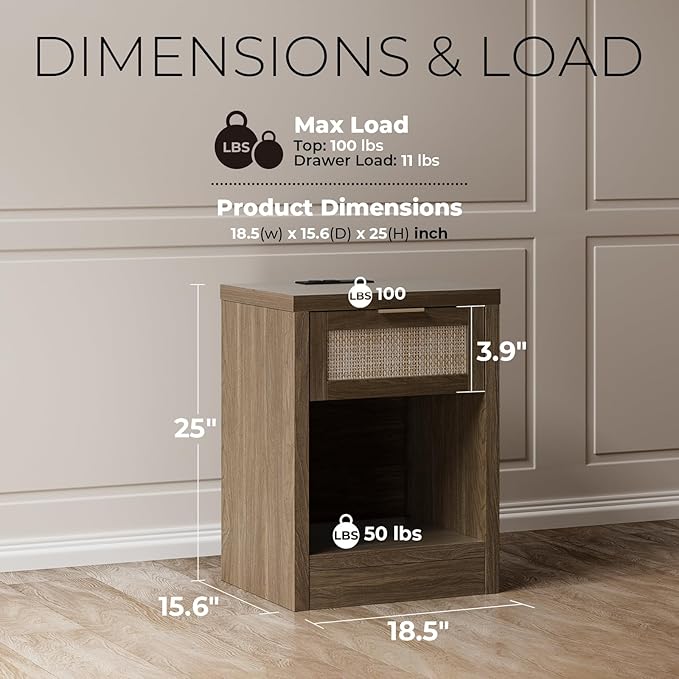 Walsham Night Stand, Rattan Nightstand with Charging Station, Modern End Table with Drawers, Bed Side Tables for Bedroom Living Room Sofa Couch Office (Special Walnut)