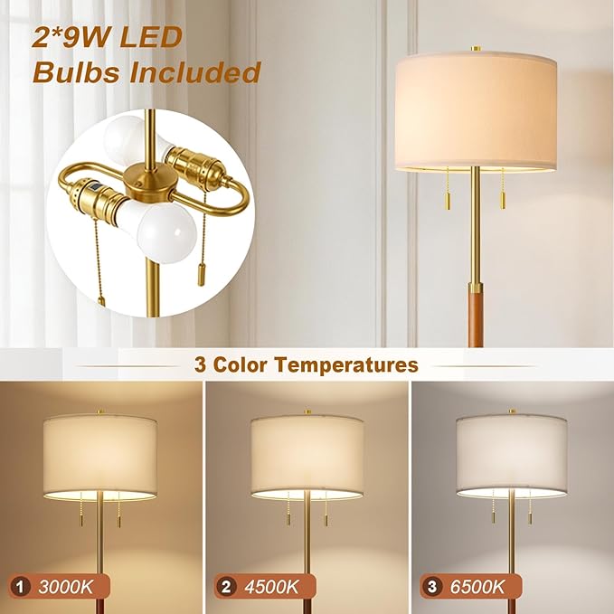 61" Wood Floor Lamp for Living Room 2-Light Standing Tall Lamps Mid Century Modern Floor Lamps for Bedroom Office Nursery Corner Industrial Reading Room Lamp, 3 Color Temperatures 9W Bulbs Included