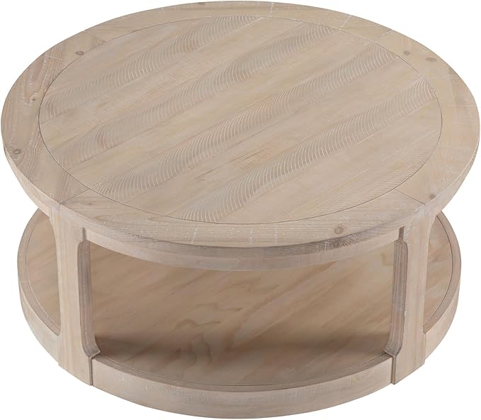 WILLIAMSPACE 40" Round Coffee Table with Wheels, Circle 2 Tier Solid Wood Center Coffee Table, Mid Century Retro Farmhouse Rounded End Table for Living Room Apartment, ø40 x 17.52" H (Oak)