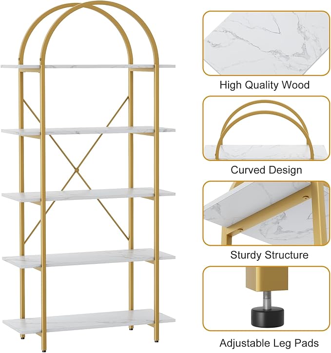 Arbuxzuy Arched Bookshelf 5 Tier Book Shelf, 31.5 Inch Width Industrial Arch Bookcase, Curved Tall Bookshelf with Open Shelves for Home Office, Living Room, Bedroom, Gold
