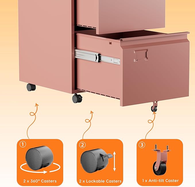 METAN 2 Drawer Metal File Cabinet with Lock, Mobile Rolling Filing Cabinet for Home Office, Under Desk Storage Holds Letter & Legal Size, Anti-Tilt, 17.32"D x 14.56"W x 25.6"H, Pink, Assembly Required
