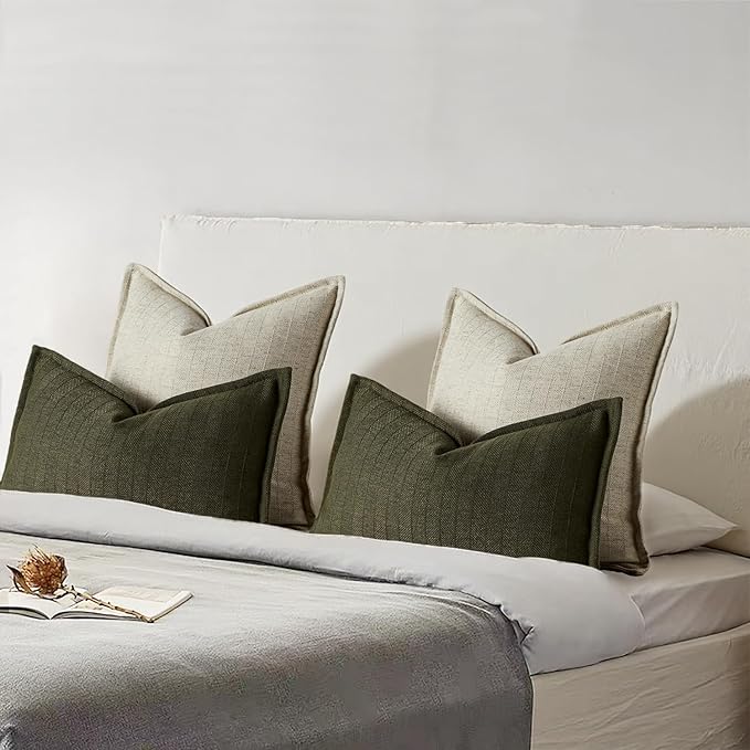 DEZENE 24x24 Linen Pillow Covers Natural Beige Pack of 2 Farmhouse Boho Neutral Accents Striped Textured Square Decorative Throw Pillow Cases for Living Room Couch Bed Home Decor