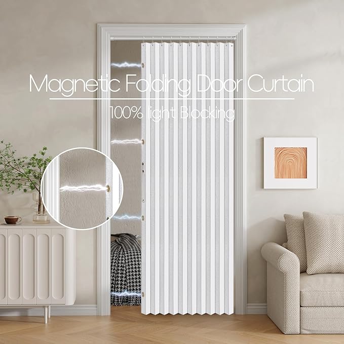 Jilron 100% Blackout Fabric Folding Door Curtain with Magnetic Closure - Accordion Style for Sliding Doors, Closets,Wardrobe and Temporary Door Solutions Doorway Curtains（W42 x L78, White，1 Panel）