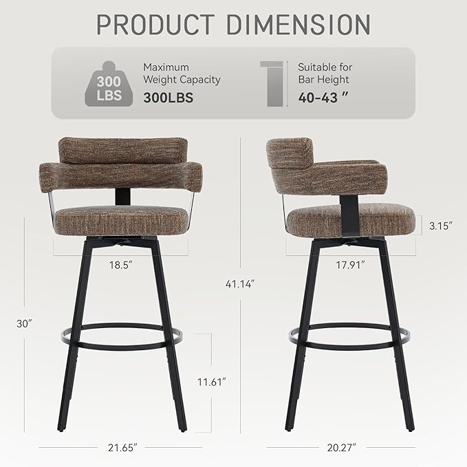 30 Inch Bar Stools Set of 2 with Full Back, Swivel Bar Chairs with Linen Padded Back, Metal Footrest, Modern Bar Height Stools for Kitchen Island, Dining, Living Room, Brown