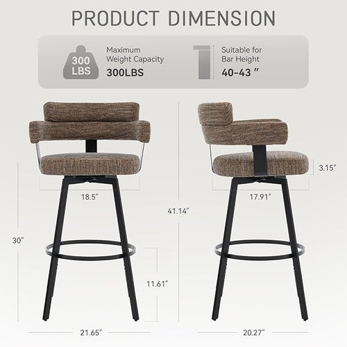 30 Inch Bar Stools Set of 2 with Full Back, Swivel Bar Chairs with Linen Padded Back, Metal Footrest, Modern Bar Height Stools for Kitchen Island, Dining, Living Room, Brown