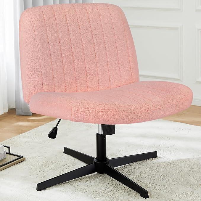 DUMOS Criss Cross Chair No Wheels, Legged Office Desk Armless Chiar Wide Seat, Adjustable Swivel Teddy Fabric Task Vanity Chairs for Home Bedroom, Pink