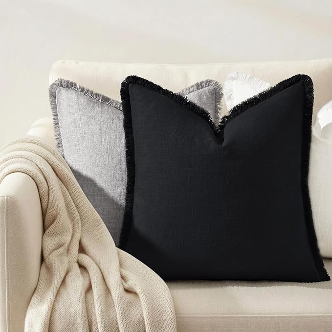 decorUhome Summer Decorative Neutral Linen Fringe Throw Pillow Covers Set of 2 Black Pillow Covers with Tassels Soft Farmhouse Boho Accent Pillow Cases for Couch Bed Sofa 18x18 Inch
