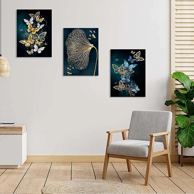 Modern Abstract Gold and Blue Butterfly Leaf Wall Art, 3 Piece Framed Canvas Set for Living Room Bedroom Office Wall Decor, 12x16 Inch, with Hooks and Nails