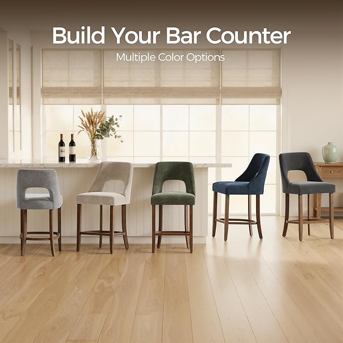 UVV Bar Stools Set of 6, Upholstered Counter Height Bar Stools, Modern Counter Stools with Wood Legs for Kitchen Island Dining Room Bar, Dark Grey