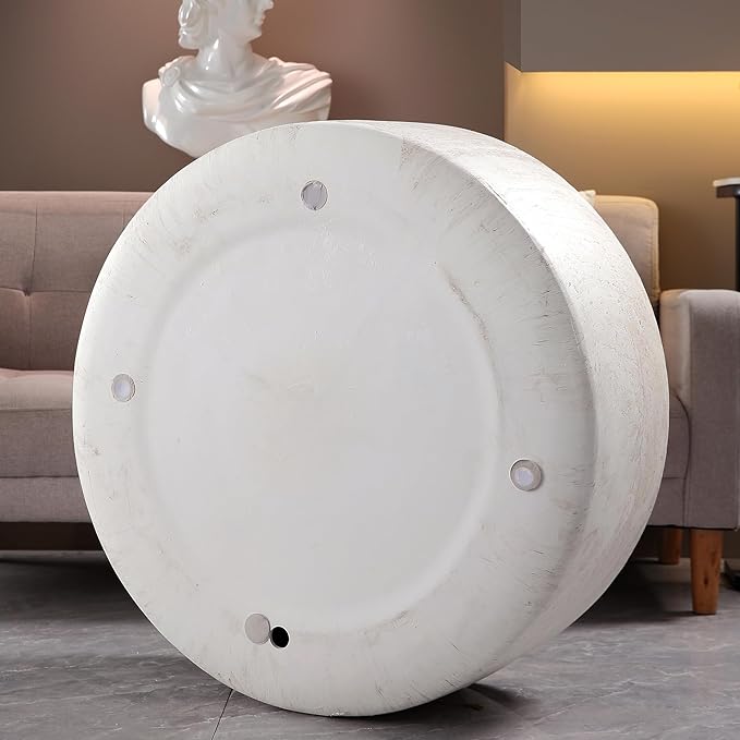 WILLIAMSPACE 31.5" Round Coffee Table in Faux Marble, Modern Circle Faux Stone Center Table Travertine Drum Tea Table for Living Room, Outdoor, Magnesium Oxide, Light Beige