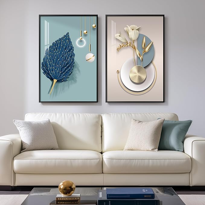 Framed Modern Luxury Wall Art for Bedroom, Set of 2 Blue Modern Elegant Leaf Floral Artwork for Walls, Large Bright Style Art Prints with Black Frame for Living Room Office Kitchen Wall Decor, 20"x30"