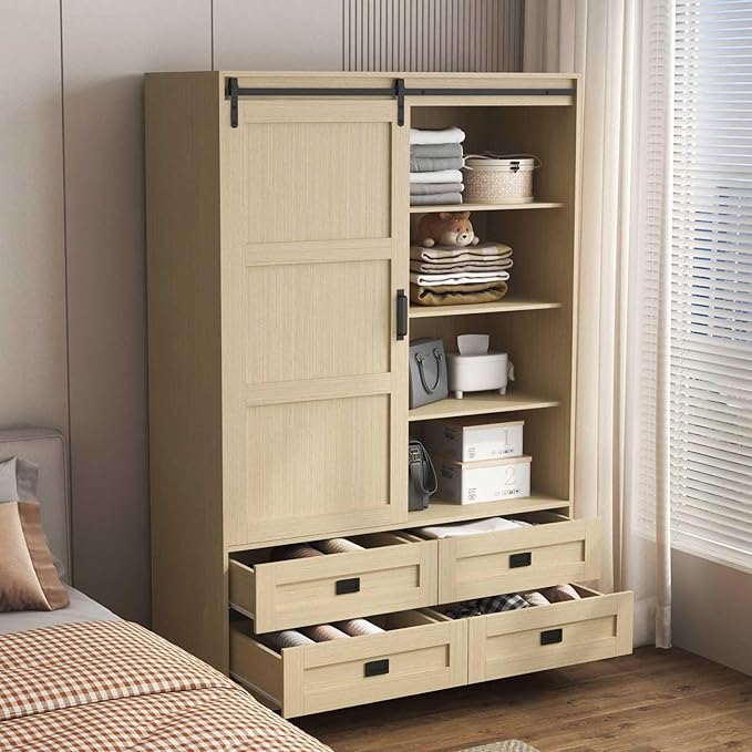 Armoire Wardrobe Closet with Sliding barn Door，Wardrobe Cabinet with 4 Storage Drawers and Hanging Rail,Freestanding Wooden Closet for Bedroom (Natural)