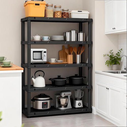 72”H Plastic Garage Storage Shelves,5-Tier Heavy Duty Plastic Shelving,700LBS Plastic Shelving Units Free Standing,for Home,Garage,Basement, Laundry,Black,16.93" Dx35.43 Wx72.44 H