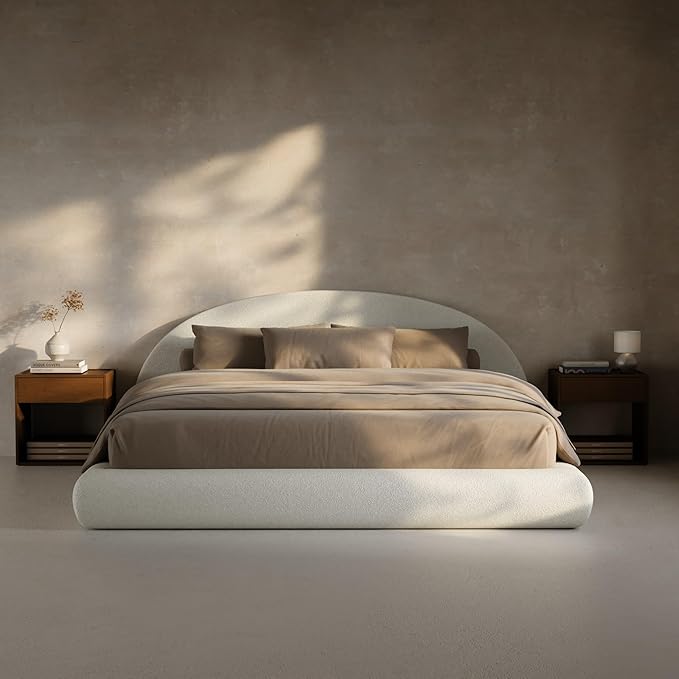 RECCI AirFrame Half-Moon Upholstered King Platform Bed Frame, Boucle Curved Arched Base with Headboard, 5 Inch Fully Round Cushioned Foam, No Box Spring Needed, Easy Assembly | Round Shaped, Boucle, Low-profile, Soft