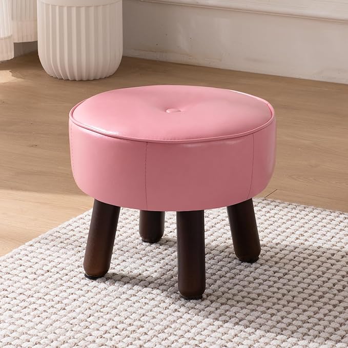 oakvivo Small Foot Stool Round Pouf Ottoman, 13'' Leather Foot Rest with Non-Skid Rubber Legs, Foolstool Ottomans for Couch, Sofa Footrest Step Stool for Living Room Bedroom Entryway Office, Pink
