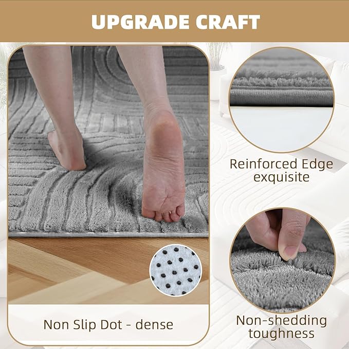 Gray 8x10 Modern Geometric Area Rug – Washable Living Room Rug, Minimalist Linear Carpet with Soft High-Low Pile, Fluffy Floor Rugs for Bedroom, Kids Room, Nursery, Home Décor, Grey