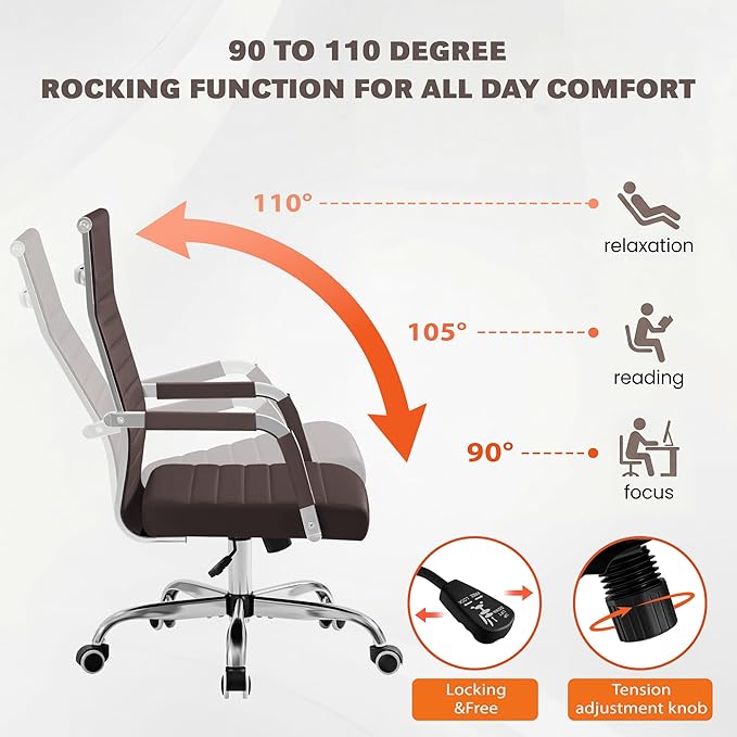 Furmax Ergonomic Office Desk Chair, Executive Ribbed Mid-Back PU Leather Conference Room Chair Adjustable Swivel Chair with Arms (1, Brown)