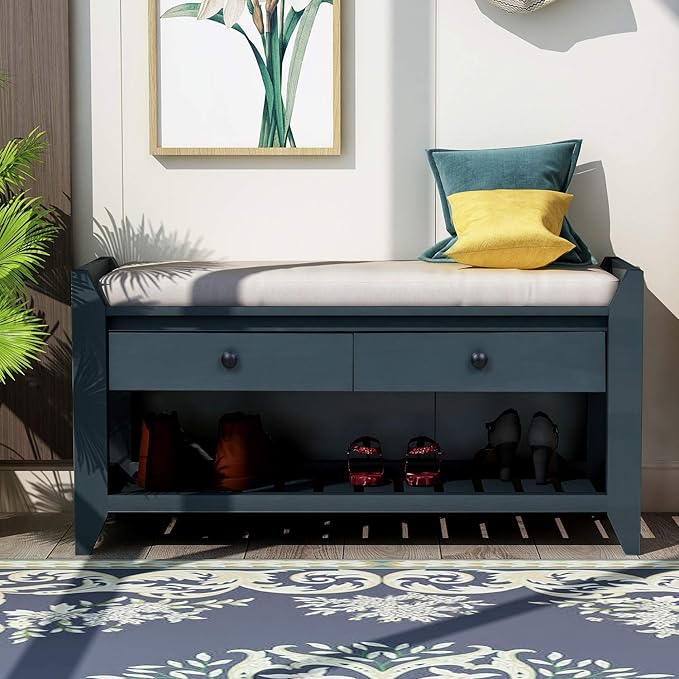 LUMISOL Shoe Storage Bench with Padded Cushion, Rustic Storage Bench with Woven Rattan Doors and Adjustable Shelves for Entryway, Hallway, Living Room, Grey Wash+Beige