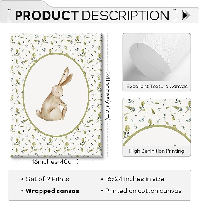 Vintage Nursery Wall Art Cute Goose Canvas Poster Bunny Wall Decor Baby Kids Poster Rabbit Duck Prints Cute Animal Pictures Pale Green Painting Artwork for Gallery Bedroom 16x24x2 Inch Ready to Hang